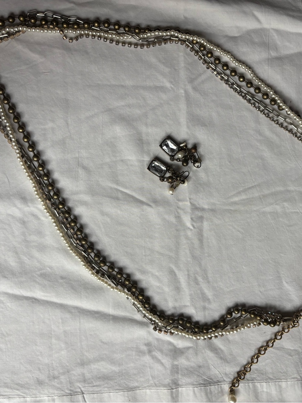 Chico's Multi-Strand Pearl and Gold-Tone Necklace with Crystal Drop Earrings